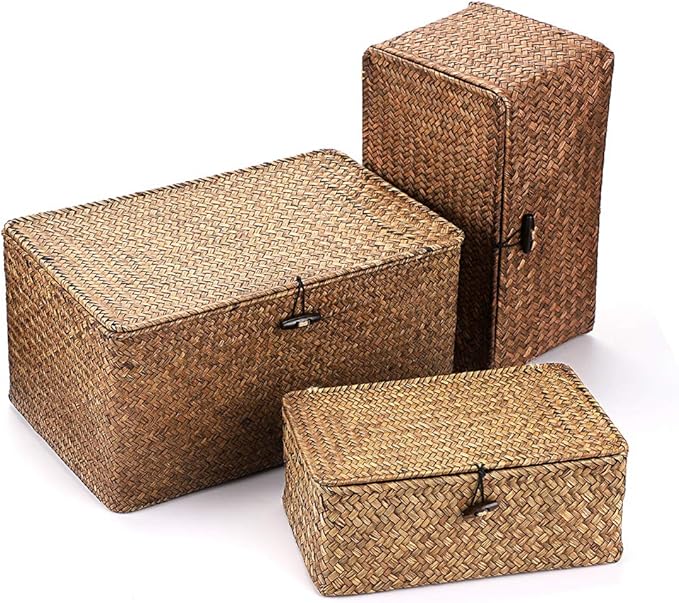 Hipiwe Set of 3 Natural Seagrass Storage Baskets with Lid - Large Handwoven Wicker Storage Bins Rectangular Household Organizer Boxes Shelf Wardrobe Organizer, Coffee