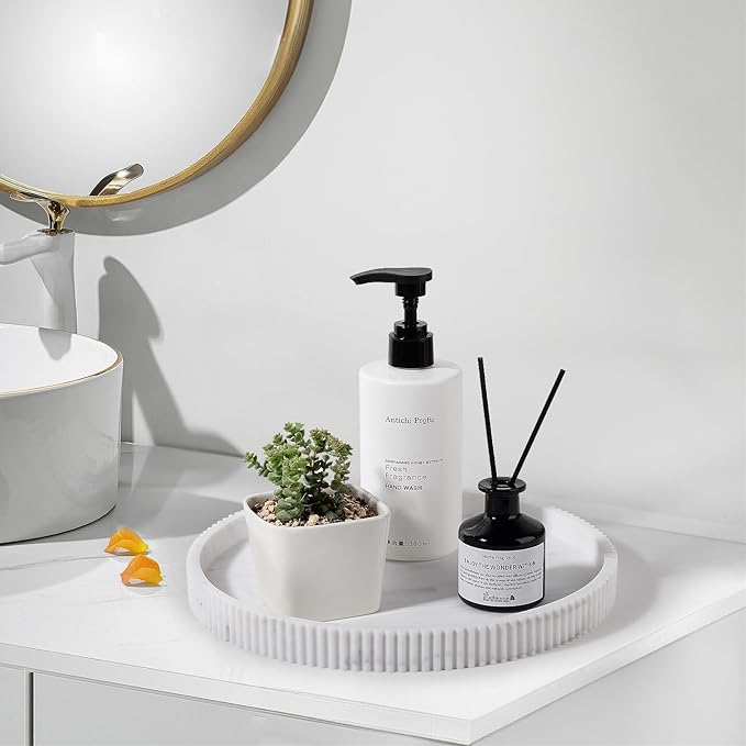 Silicone Bathroom Tray Round Kitchen Counter Organizer Decorative Vanity Accessories Coffee Table Decor for Perfume, Candle, Soap Dish, 10 Inch, Marble