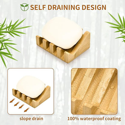 SUBEKYU Bamboo Soap Dish Self Draining Wooden Bar Soap Holder Soap Saver for Shower Slope Drainage Design with Waterproof Layer Wood Soap Dish for Bathroom and Kitchen，2PCS