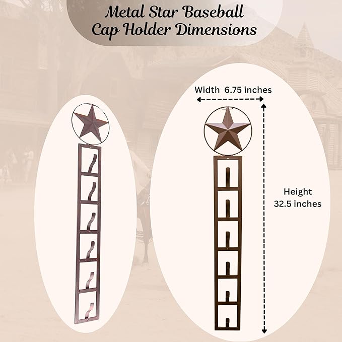 BestGiftEver Wall Mounted Metal Star Baseball Cap Holder Organizer Rack for Baseball Caps, Backpack Storage, Rustic Cap Organizer, Hat Storage Solution for Sports Fans, Dorm Room, and Home Decor