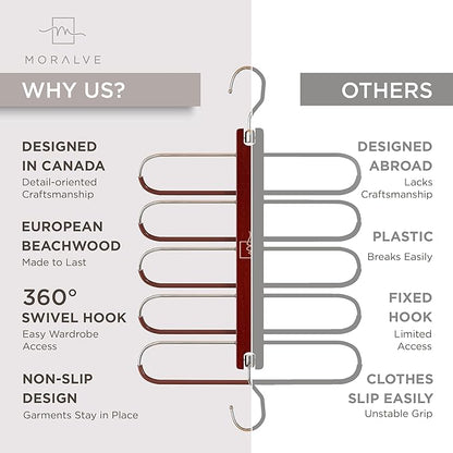 MORALVE Pants Hangers Space Saving - 4 Pack European Beechwood Scarf and Jean Hangers - Closet Organizer and Space Saver Pant Rack, Leggings Hanger, and Scarf Holder with 360° Swivel Hook