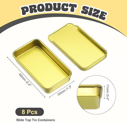 uxcell 8Pcs Slide Top Tin Containers, Mini Metal Empty Tins Box with Sliding Lids, 2.4"x1.3"x0.4" Rectangular Storage Organizers for Lip Balm, Solid Perfume, Small Items, Golden