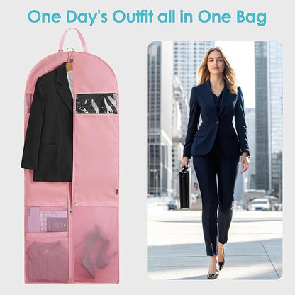 Garment Bags for Travel,60" Heavy Duty Suit Dress Garment Bag with 2 Clear Windows 3 Zipper Pockets,Dress Bags with Shoe Storage for Long Coat, Jacket, Sweater, Shirts, Suits - Pink