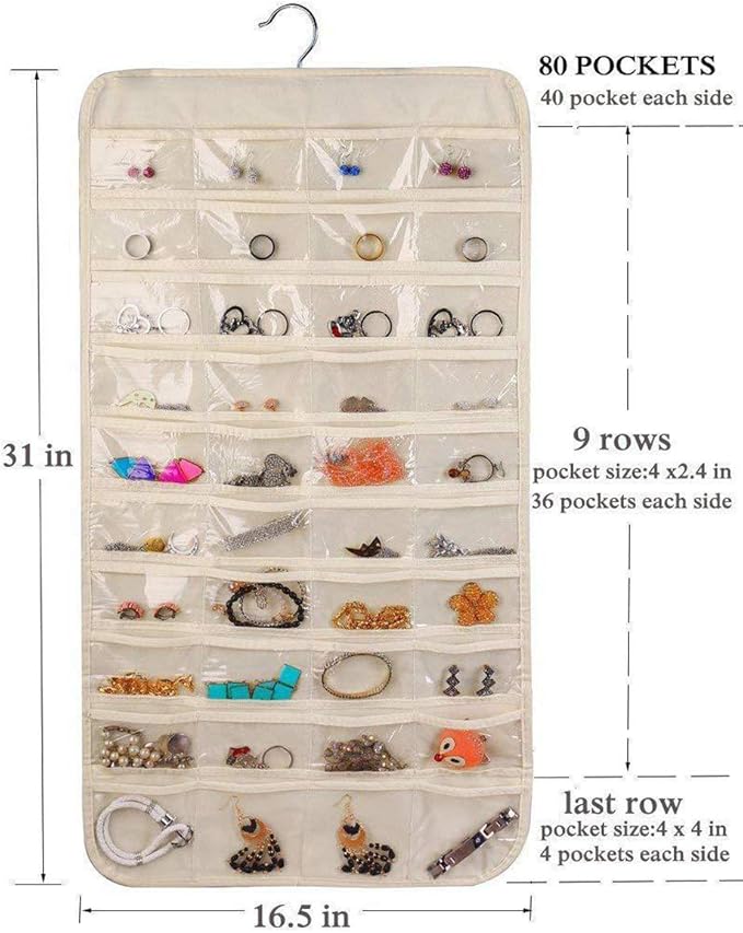 80 Pockets Hanging Jewelry Organizer, 2 Sided Over the Door Wall Mount Rotating Hanger Clear Window Storage Bag for Small Items Earrings, Rings, Necklaces, Bracelets, Hair Clips