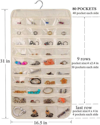 80 Pockets Hanging Jewelry Organizer, 2 Sided Over the Door Wall Mount Rotating Hanger Clear Window Storage Bag for Small Items Earrings, Rings, Necklaces, Bracelets, Hair Clips