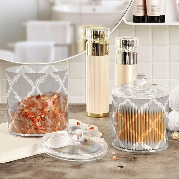 2 Pack Qtip Dispenser Apothecary Jars with Lids Cotton Round Holder Bathroom Canisters for Cotton Swab Floss Ball Pads Clear Plastic Decorative Grey Minimalist Quatrefoil