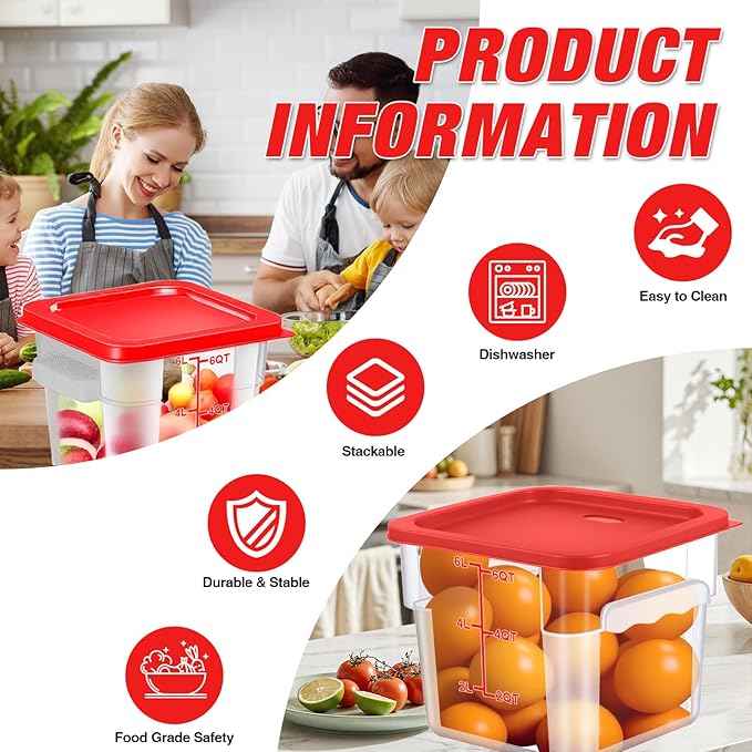 2 Pack Square Food Storage Container With Lid,2-12 Quart Commercial Storage Box With Scale & Handle,Cake Making,Dough Marinating Meat,Kitchen Supplies (6 Quart)