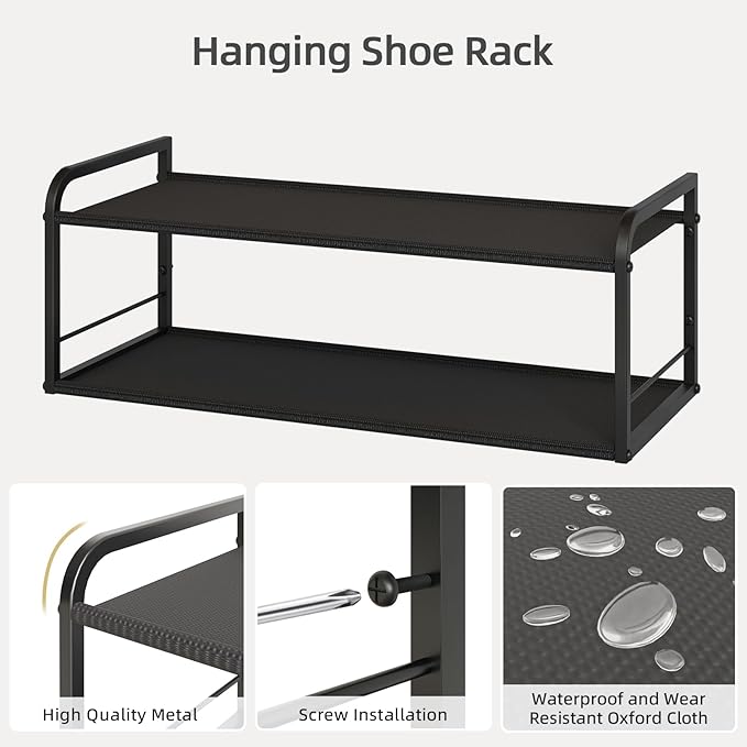 Wall Mounted Shoe Rack, Carbon Steel Shoe Organizer with Removable Oxford Cloth, Non-Slip Space-Saving for Entryway Closet Bedroom, Black