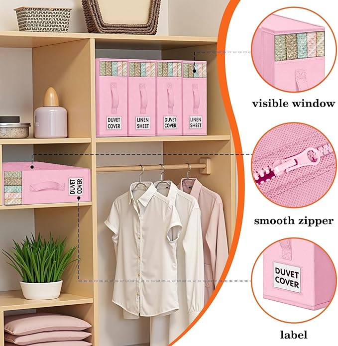 WOWBOX Sheet Organizers and Storage,Closet Bed Sheet Organizer Under Bed Storage and Organization with Label Cards & Clear Window for Bedding Sheets,Duvet Covers,Blankets (8 Pack，Pink)