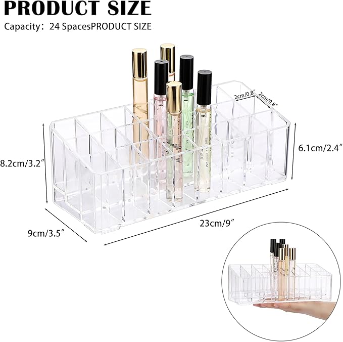 ELLDOO Rollerball Perfume Organizer, 24 Spaces Clear Acrylic Perfume Storage Holder Beauty Scent Holder, Makeup Lipgloss Lipstick Display Case