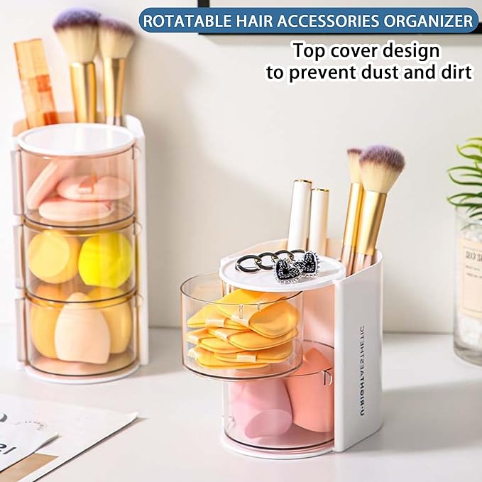 Azurphoric Hair Accessories Organizer with Hair Brush Holder, Rotatable Makeup Brush Holder for Necklaces, Earring, Bracelet, Ring, Makeup Brushes, Hair Clip and Hair Accessories (White, 2-Layer)