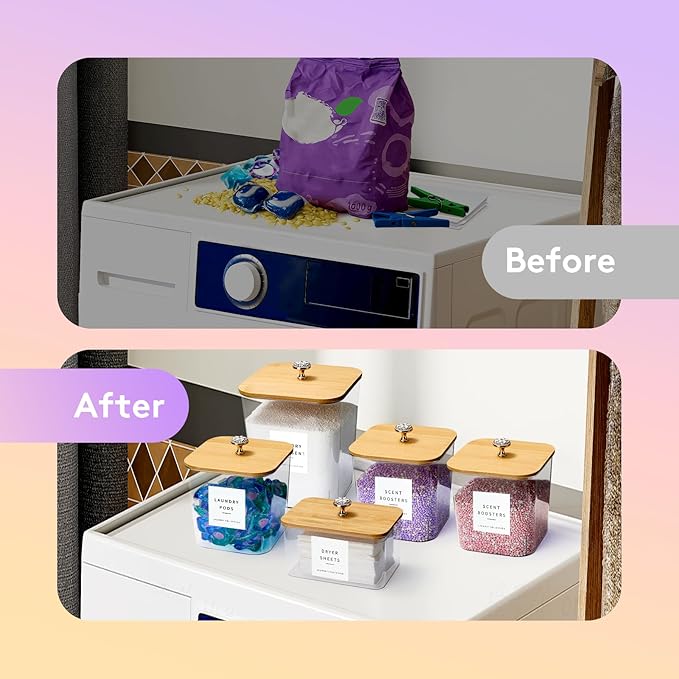 POLRAI 5 Pack Laundry Pod Containers and Dryer Sheet Holder, Laundry Room Organization Storage Containers with Lids and Labels for Detergent Pods Dry Sheet Organizing