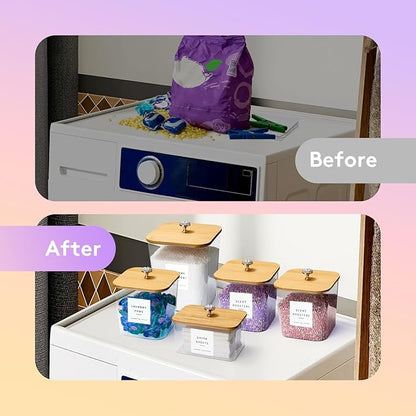 POLRAI 5 Pack Laundry Pod Containers and Dryer Sheet Holder, Laundry Room Organization Storage Containers with Lids and Labels for Detergent Pods Dry Sheet Organizing