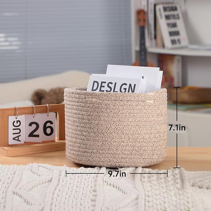 MiniArk Small Basket for Organizing | Cube Shelf Closet Storage Baskets | 9.7×9.7×7.1” | Woven Rope Gift Basket | Nursery | Round 3 Packs Mixed Brown