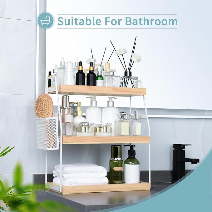 Uneviesyka Bathroom Counter Organizer, 3-Tier Standing Storage Shelf with Basket, Wood Tray for Skincare Vanity Organizer(White)