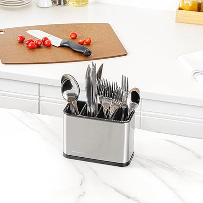Restaurantware Stainless Steel Utensil Holder 1 Count 7 x 3.3 x 5.1 Inches Durable Cutlery Storage Flatware Organizer Rust-Resistant Sink Caddy Silver Kitchenware Holder