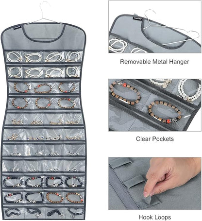 Dual sided Jewelry Hanging Organizer Closet Necklace Holder for Earrings Bracelets Rings with 42 Clear Pockets and 17 Hook Loops (Grey