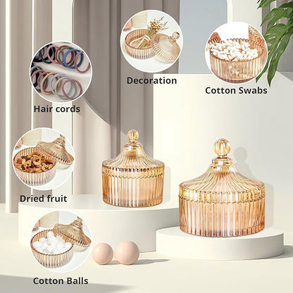 R FLORY 2 Pack Qtip Holder Apothecary Jars with Lids Glass Q Tip Holder for Bathroom Set Decorative Jars Crystal Bowl Jar Organizer for Cotton Swabs, Balls, Pads, Floss Picks (Amber,10+24oz)