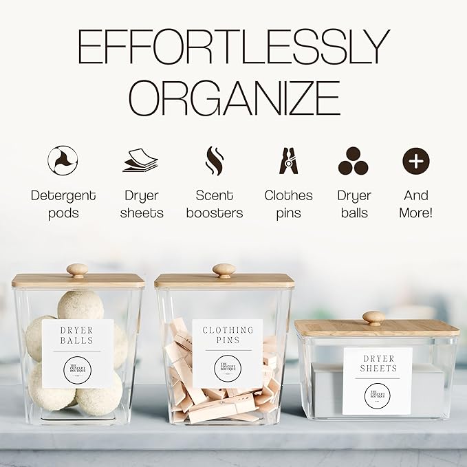 3 Pack Acrylic Laundry Room Organization Containers with Gold & Wood Knobs – Laundry Pods Container & Detergent Organizer Set | Clear Laundry Jars | Scoops & Customizable Labels | Storage Canisters