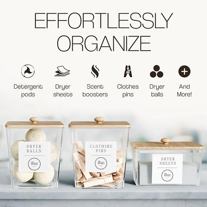 3 Pack Acrylic Laundry Room Organization Containers with Gold & Wood Knobs – Laundry Pods Container & Detergent Organizer Set | Clear Laundry Jars | Scoops & Customizable Labels | Storage Canisters