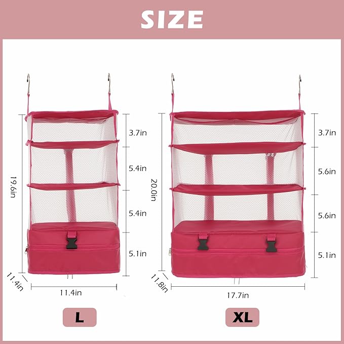 Surblue Hanging 3-Shelf Closet Organizer Pocket Collapsible Washable Oxford Fabric with 2 Hooks (L 11.41 * 11.41 * 19.68in, Rose)