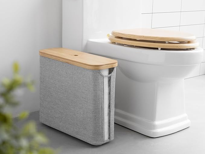 StorageWorks Toilet Paper Storage with Bamboo Lid, Toilet Paper Holder Basket for Up to 9 Mega or 12 Regular Size Rolls, Medium Paper Storage Baskets for Bathroom, Grey, 1 Pack