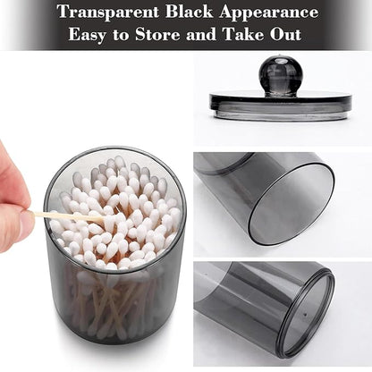 4 Pack Cotton Buds Dispenser, Pad Holder, Clear Black Swab Holder, Apothecary Jar Set Bathroom Canister Storage Organization for Cotton Ball, Round Pads