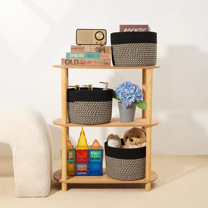 MiniArk Small Basket for Organizing | Cube Shelf Closet Storage Baskets | 9.7×9.7×7.1” | Woven Rope Gift Basket | Nursery | Round 3 Packs Black Brown