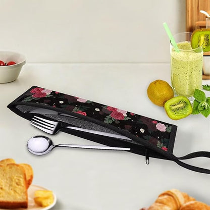 COEQINE Travel Silverware Holder Case Flatware Organizer For Drawer 11 Inch Wide and 2.7 Inch Carrying Bag Storage Case For Knife Fork Spoon, Red Rose Floral Retro Style