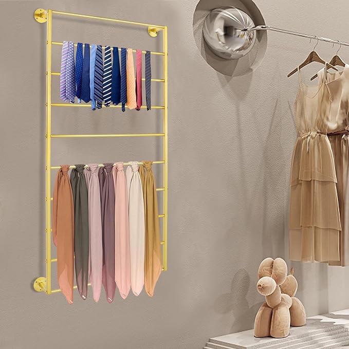 Wall Mounted Display Rack, 10-Layer Wall Scarf Rack Organizer, Space-Saving Wrapping Paper Organizer Ribbon Holder for Flower Shops. Three Color Options (Gold)