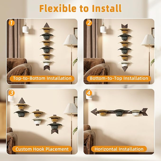 Cowboy Hat Rack Wall Mount, Solid Wood Arrow Design 6 Pieces, Cowboy Hat Holder, Western Decor, Hat Organizer Storage, Hat Hanger Hook for Entryway Closet, Walnut