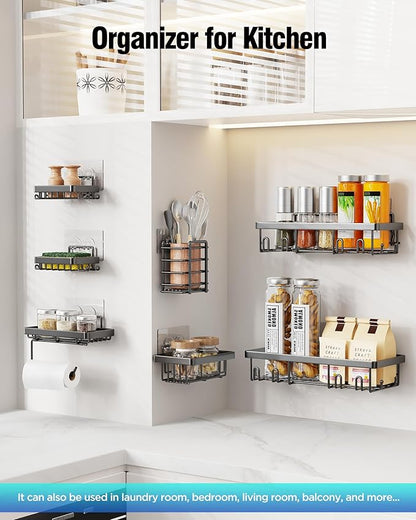 Shower Caddy 7 Pack, Adhesive Bathroom Shower Organizer for Bathroom Storage, No Drilling Large Capacity Rustproof Stainless Steel Shower Shelves Rack for Bath, Black