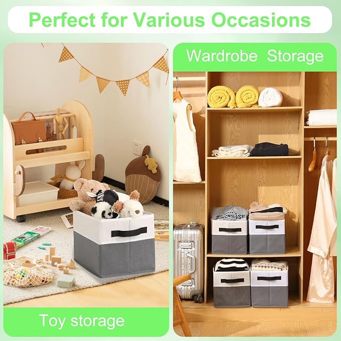Large Shelf Storage Bins [4 Pack],Decorative Collapsible Storage Basket,Fabric Closet Organizer and Home Storage Cubes with Handles for Organizing Books, Clothes, Toys, Nursery（Grey）