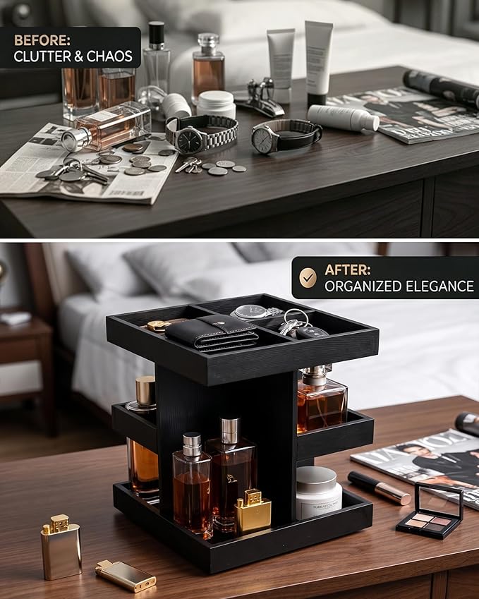 360° Rotating Cologne Organizer for Men - Heavy-Duty Wood Grooming Station | Perfume Stand & 9-Compartment Dresser Display for Shaving Kit, Skincare & EDC. Luxury Gift for Husband, Dad & Son, Black