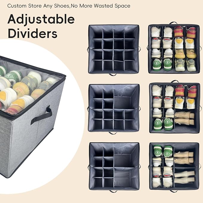 2 Pack Shoe Organizer, Shoe Storage Box with Clear Cover, Adjustable Dividers Fits 16-32 Pairs Shoe Boxes, Organizador de Zapatos, Grey