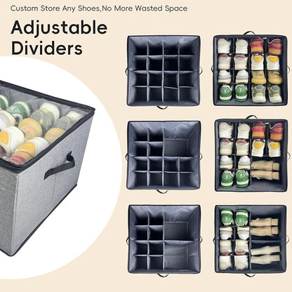 2 Pack Shoe Organizer, Shoe Storage Box with Clear Cover, Adjustable Dividers Fits 16-32 Pairs Shoe Boxes, Organizador de Zapatos, Grey