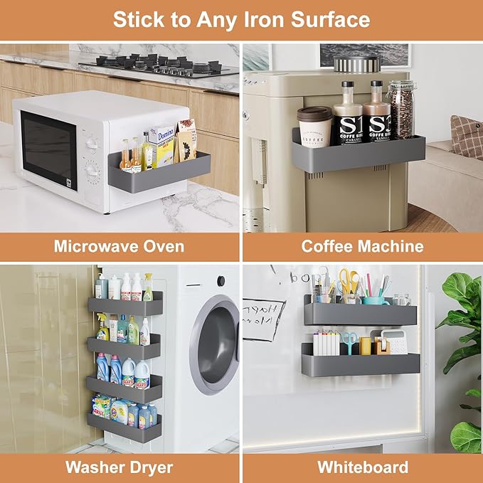 Mystozer Magnetic Spice Rack for Refrigerator, Kitchen Organizer and Storage Shelf, Grey (4 Pack)…