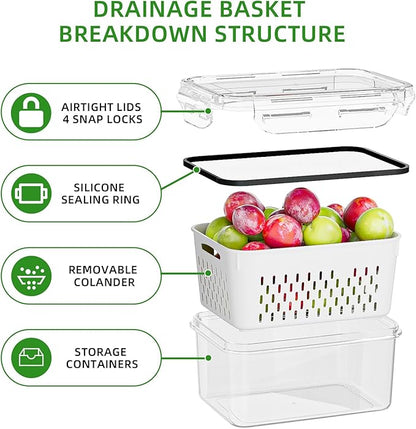 KEMETHY 5 Pack Fruit Storage Containers for Fridge with Removable Colanders - Food Storage Containers with Lids, BPA-Free Produce Containers Keep Fruits, Vegetables, Berry, Meat Fresh Longer