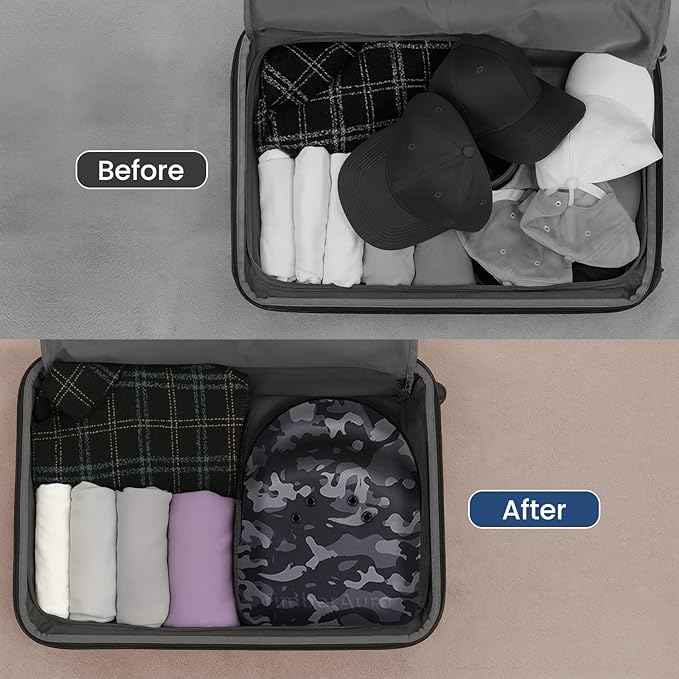 Camo Hat Case for Baseball Caps, Sleek Hard Shell Travel Cap Carrier for 6-7 Hats, Breathable Storage Box with Airflow Eyelets for Closet & Home, Water-Resistant 1680D Oxford Cap Organizer