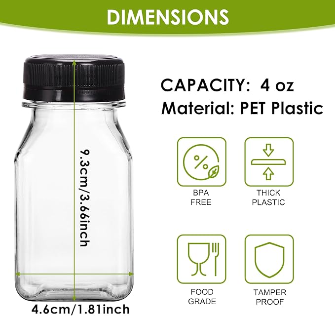 Moretoes 6pcs 4oz Plastic Juice Shot Bottles with Caps, Clear Empty Reusable Ginger Shots Bottles, Disposable Plastics Containers with Lids for Juicing Smoothies, Milk, and Other Beverages