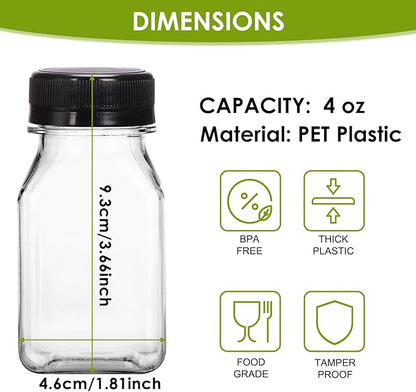 Moretoes 6pcs 4oz Plastic Juice Shot Bottles with Caps, Clear Empty Reusable Ginger Shots Bottles, Disposable Plastics Containers with Lids for Juicing Smoothies, Milk, and Other Beverages
