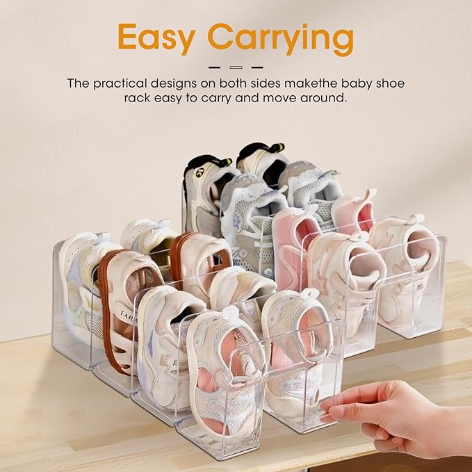 Kids Shoe Organizer Stackable: Clear Acrylic Baby Shoe Rack with Dividers - Closet Storage for Toddlers & Nursery Use (3 Pack)