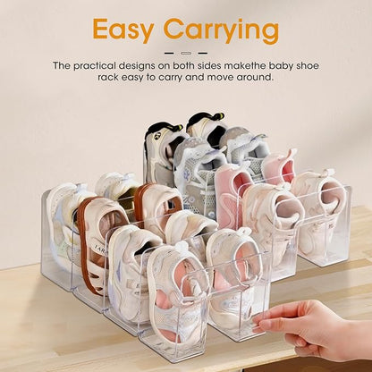 Kids Shoe Organizer Stackable: Clear Acrylic Baby Shoe Rack with Dividers - Closet Storage for Toddlers & Nursery Use (3 Pack)