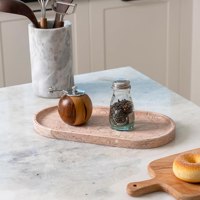 Koville Pink Marble Tray for Bathroom Countertop, Vanity Tray Stone Trays for Decor, Natural Marble Decorative Tray for Dresser Organizer, Storage Trays for Perfume, Jewelry, Cosmetics(Coquille Pink)