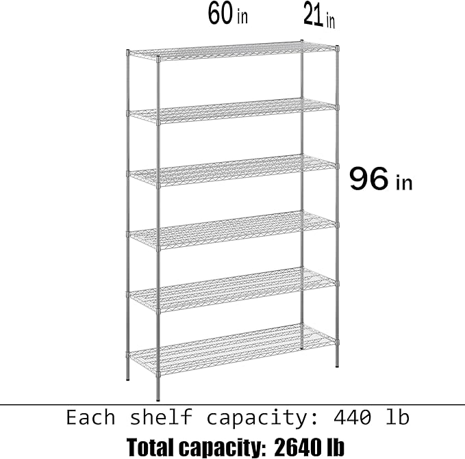 21" Deep x 60" Wide x 96" Height Wire Shelving Kit | 6-Tier | NSF Commercial Storage Rack Unit