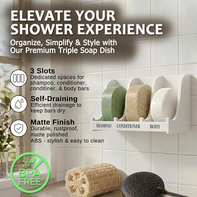 Soap Holder for Shower Wall, 3-Compartment Soap Dish for Shampoo, Conditioner and Body Soap, Fast Draining & Rust-Proof & Heavy Duty, Ultra-Strong Self Adhesive & Freestanding (White, Label)