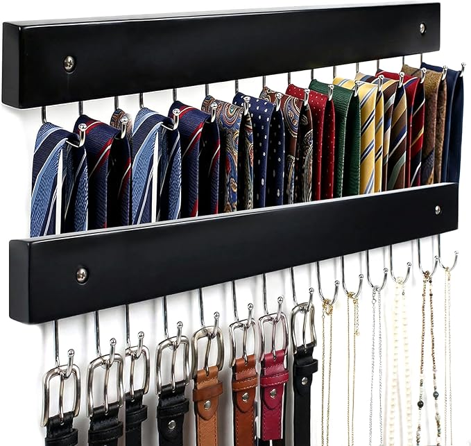 Wall Mounted Tie & Belt Rack Organizer - 2 Pack, 28 Hooks Hold 40 Ties & 40 Belts, 180° Rotating Space Saving Design, Sturdy Wood Decorative Wall Storage (Black)