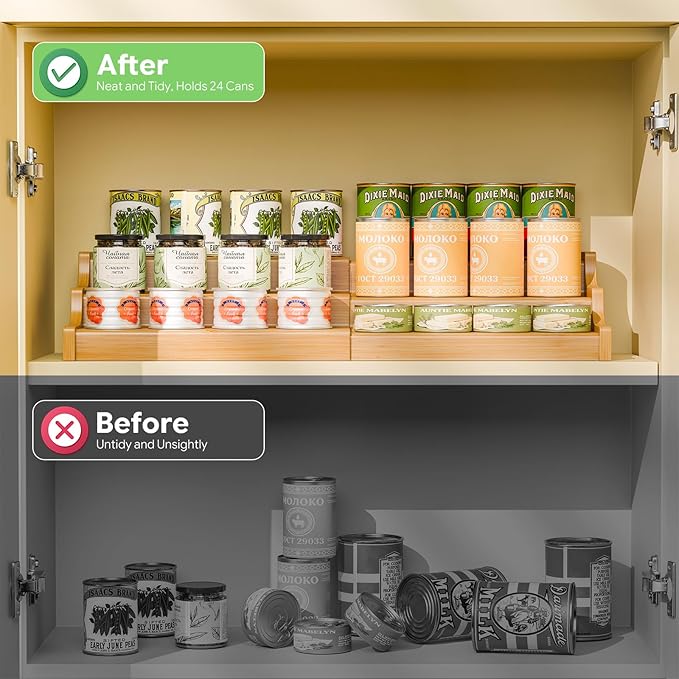 Simple Trending Expandable Bamboo Can Rack Organizer for Pantry, 3-Tier Adjustable Can Storage Holder Holds Up to 24 Cans, Canned Goods Storage Display for Cabinet, Countertop