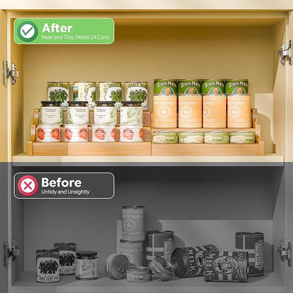 Simple Trending Expandable Bamboo Can Rack Organizer for Pantry, 3-Tier Adjustable Can Storage Holder Holds Up to 24 Cans, Canned Goods Storage Display for Cabinet, Countertop