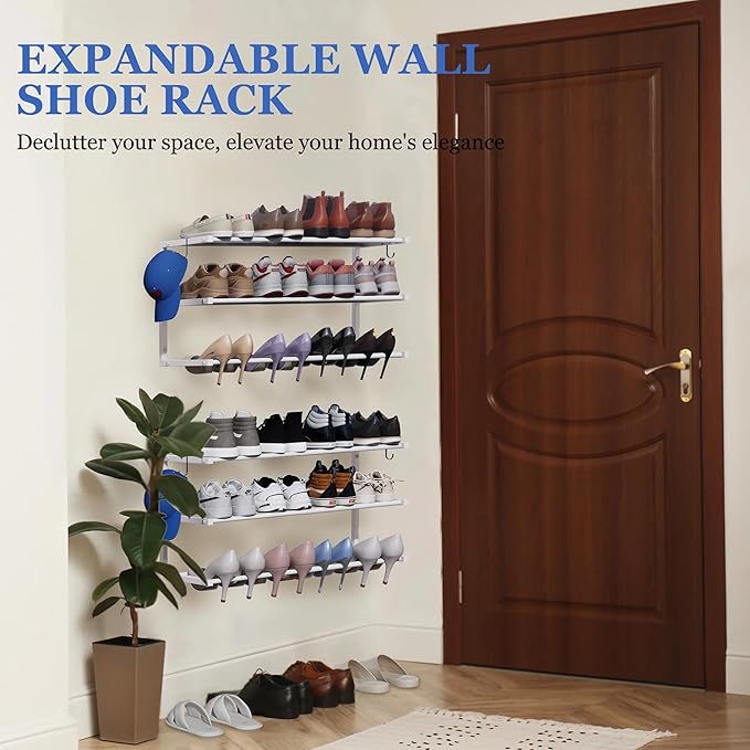 Wall Mounted Shoe Rack, 3 Tier Hanging Shoe Rack Holds 12 Pairs, 17"-30" Adjustable Heavy Duty Metal Shoe Organizer Holder with 2 Storage Hooks, Space Saving for Closet Entryway Doorway（White
